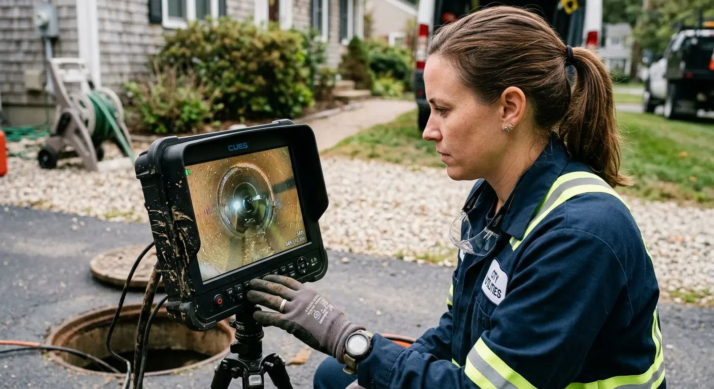 Technician reviewing sewer camera inspection footage in Ranchettes