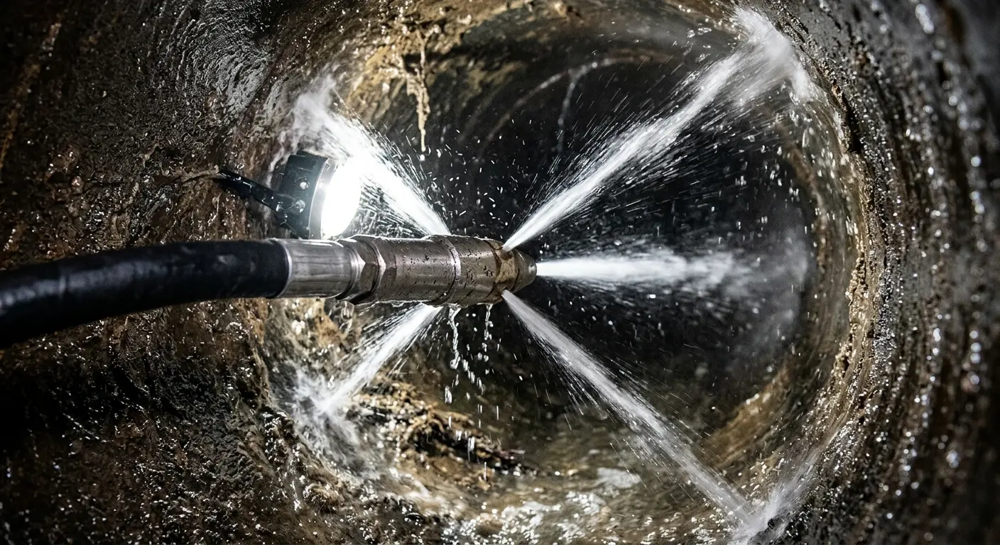 High-pressure hydro jetting nozzle cleaning sewer pipe for Sewer Cleanout in Ranchettes