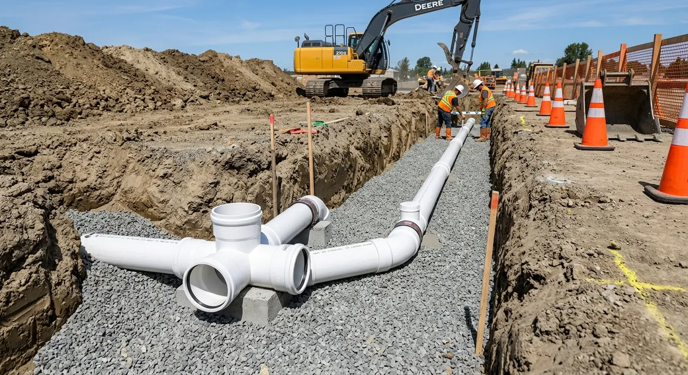 New PVC sewer pipe installation in open trench for Sewer Backup in Ranchettes