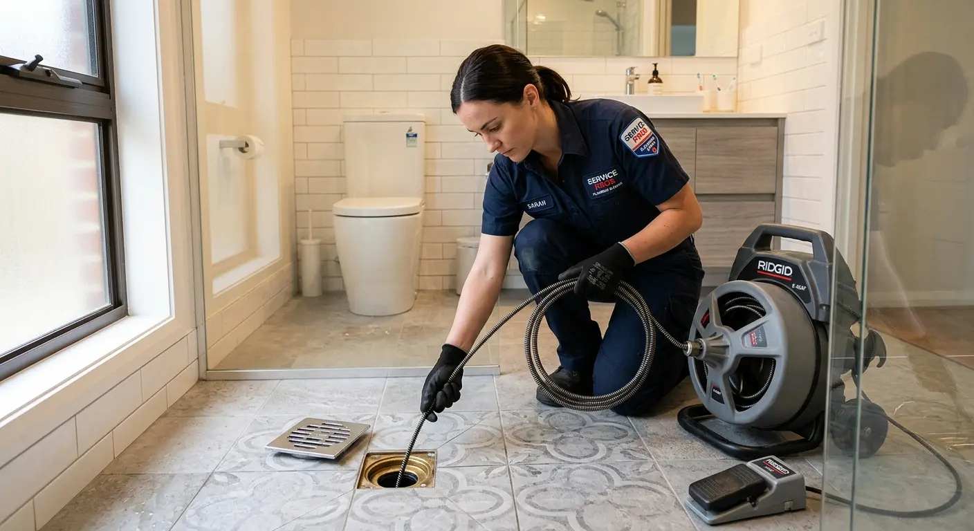 Technician clearing a bathroom floor drain for Drain Cleaning in Ranchettes